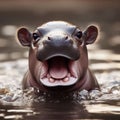 cute and gorgeous baby hippo in the river