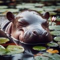 cute and gorgeous baby hippo sleeping in the river