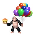 Cute Gorilla cartoon character with balloon and burger