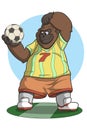 Cute gorilla football player in sports uniform hesitates to play