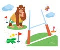 Cute gorilla playing rugby. Sport ball and goal. Vector cartoon isolated illustration on white background. Funny monkey