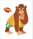 Cute gorilla playing rugby. Sport ball. Vector cartoon isolated illustration on white background. Funny monkey animal in