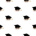 Cute graduation cap decorated with doodle flower wreath, seamless pattern. Mortarboard, high education and graduation