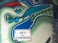 Cute graffiti of a seagull invites to Arco do Comercio in Aveiro in north Portugal
