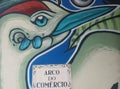 Cute graffiti of a seagull invites to Arco do Comercio in Aveiro in north Portugal