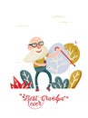 Cute grandfather on vector greeting card with label best grandpa ever. Grandpa is dancing with mobile