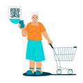 Cute grandma with shopping cart. Happy senior woman with smartphone. Elderly female scans QR code shopping concept. Online