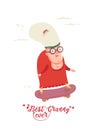 Cute grandma on skateboard on vector greeting card with label best granny ever