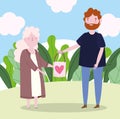 Cute grandma and young man with gift bag love heart cartoon