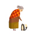 Cute granny and her black cat, lonely old lady and her animal pet vector Illustration on a white background