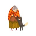 Cute granny playing with her black cat, lonely old lady and her animal pet vector Illustration on a white background.