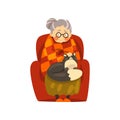 Cute granny sitting in armchair with her black cat, lonely old lady and her animal pet vector Illustration on a white