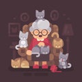 Cute granny sitting in armchair with her cats. Old cat lady with five kittens