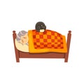 Cute granny sleeping in her bed, black cat lying with her, lonely old lady and her animal pet vector Illustration on a