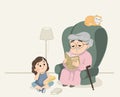 Cute granny telling stories to her granddaughter. Modern granny Flat vector design