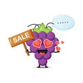 Cute grape mascot with the sales sign