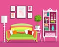 Cute graphic living room interior design with furniture: sofa, flowerpot, bookcase, lamp.