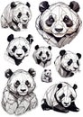 Cute graphic panda sticker set minimalistic mood
