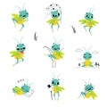 Cute grasshopper in its everyday activities set. Funny insect cartoon character jumping, sleeping and meditating vector Royalty Free Stock Photo