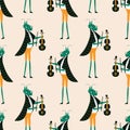 Cute grasshopper musician in frock coat with violin vector illustration. Funny animal character in clothes seamless pattern. Royalty Free Stock Photo