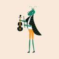 Cute grasshopper musician in frock coat with violin vector illustration. Funny isolated animal character in flat style for kids. Royalty Free Stock Photo