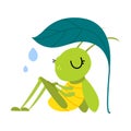 Cute grasshopper sitting under green leaf hiding from rain. Funny insect in its everyday activities cartoon vector Royalty Free Stock Photo