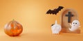Cute gravestone pumpkin ghost, candle on the skull and bat