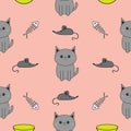 Cute gray cartoon cat. Bowl, fish bone, mouse toy. Funny smiling character. Contour Isolated. Seamless Pattern Pink background. Fl Royalty Free Stock Photo