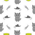 Cute gray cartoon cat. Bowl, fish bone, mouse toy. Funny smiling character. Contour Isolated. Seamless Pattern White background.