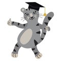 Cute gray cartoon kitten in graduation hat shows thumbs up. The smart cat is ready to learn. Back to school. Educational