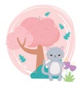 Cute gray cat flowers tree bush cartoon animals in a natural landscape Royalty Free Stock Photo