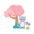 Cute gray cat flowers tree bush cartoon animals in a natural landscape Royalty Free Stock Photo