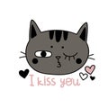 cute gray cat kiss cartoon vector, lettering about love, card for valentine's day Royalty Free Stock Photo