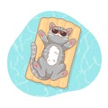 Cute gray cat is resting on an air mattress in sunglasses in the sea. Isolated illustration of a resting animal.