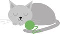 Cute gray cat sleeps with a ball of thread.