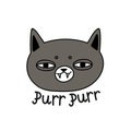 cute gray cat smiling and teeth, sticker cartoon vector, lettering purr