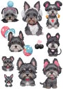 Cute gray dogs in headphones set of stickers, cartoon style, cozy mood