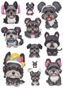 Cute gray dogs in headphones set of stickers, cartoon style, cozy mood
