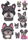 Cute gray dogs in headphones set of stickers, cartoon style, cozy mood