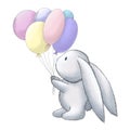 cute gray fluffy easter bunny with colorful balloons isolated on white background