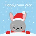 Cute rabbit card. Santa Claus hat on bunny vector illustration. New Year square banner with smiling bunny. Winter