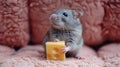 cute gray hamster holding cheese in his paws