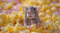 cute gray hamster peeks out from a pile of pieces of cheese