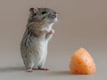 cute gray hamster stands in front of a piece of cheese