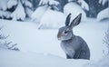 Cute gray hare in a beautiful snowy winter forest