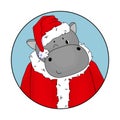 Cute hippo avatar in Santa Claus costume in red color. Hippo winks in Fur coat and hat Royalty Free Stock Photo