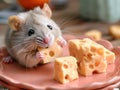 cute gray hamster eats pieces of cheese