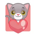 Cute gray kitten holding a giant heart