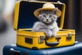 A cute gray kitten wearing a hat, sitting on a yellow suitcase