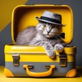 A cute gray kitten wearing a hat, sitting in yellow suitcase